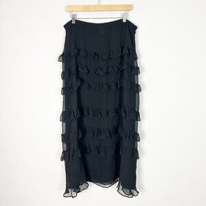 Y2K 90s Black Silk Tiered Ruffle Maxi Skirt Boho Whimsigoth Fairy Size 16 Women'